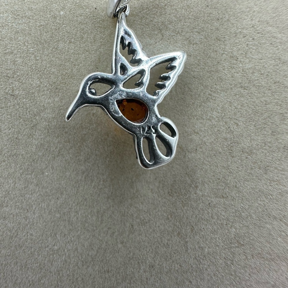Silver and Amber Hummingbird Pendant Necklace on Silver Plated Snake Chain - Picture 4 of 8